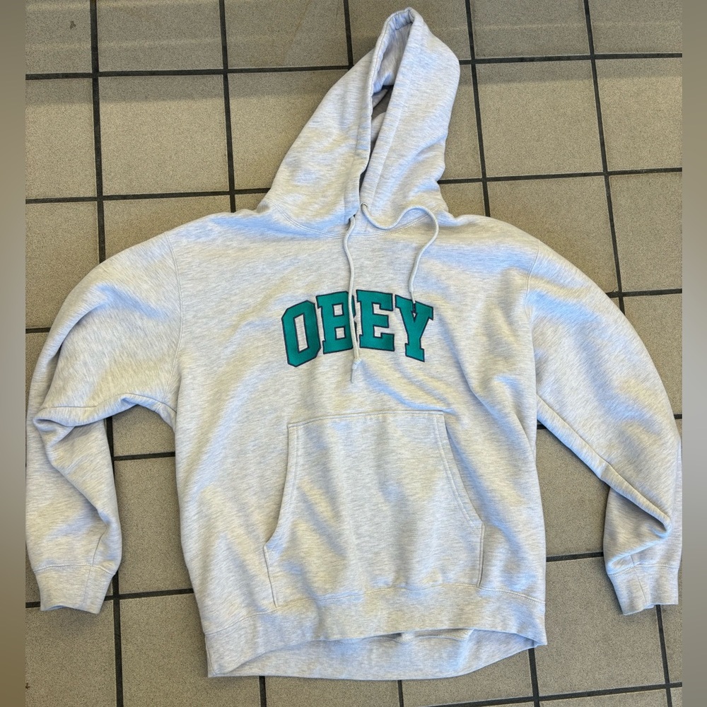 Obey Light Gray Hoodie with Teal Logo